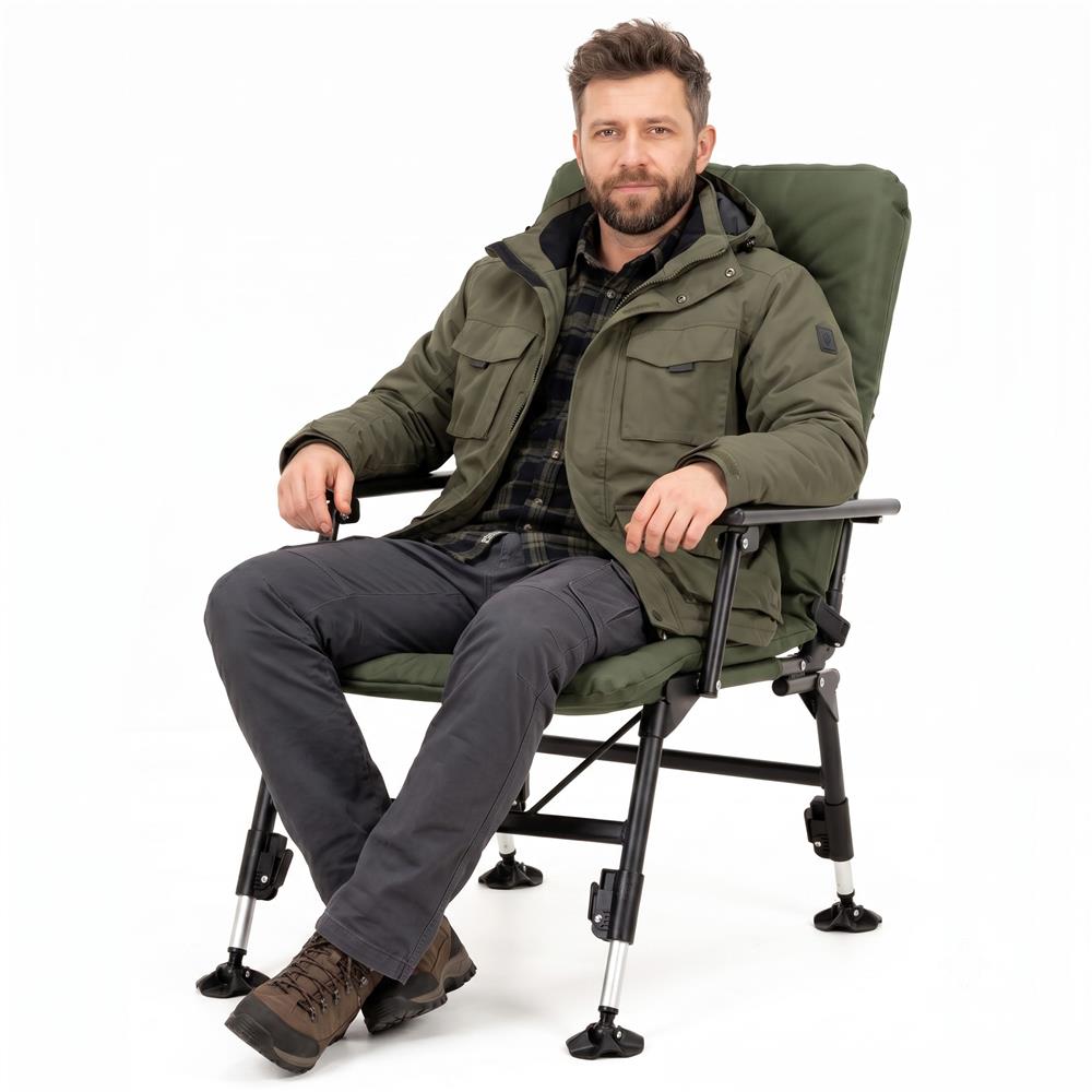 Scaun pliabil premium pentru pescuit sau camping, reglabil in 5 pozitii, picioare reglabile pe inaltime, 71x57x90 cm, 140 kg, verde inchis - imagine 5