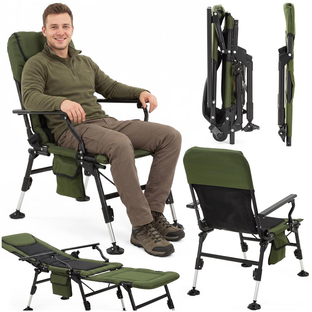 Scaun pliabil premium pentru pescuit sau camping cu suport pentru picioare, reglabil in 5 pozitii, picioare reglabile pe inaltime, 81x57x100 cm, 140 kg, verde inchis - imagine 2