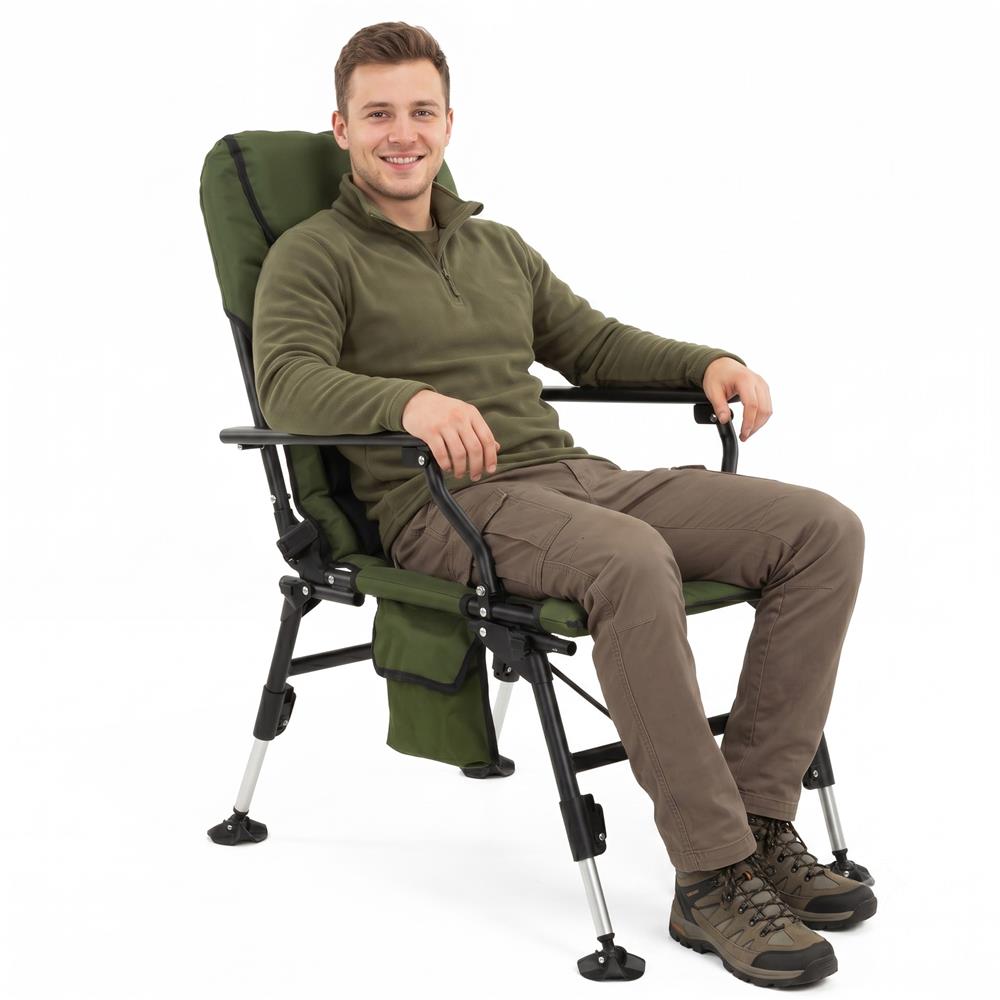 Scaun pliabil premium pentru pescuit sau camping cu suport pentru picioare, reglabil in 5 pozitii, picioare reglabile pe inaltime, 81x57x100 cm, 140 kg, verde inchis - imagine 16