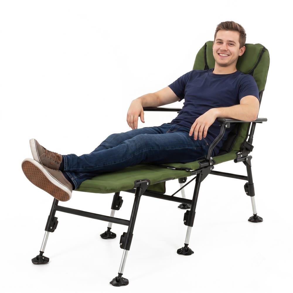 Scaun pliabil premium pentru pescuit sau camping cu suport pentru picioare, reglabil in 5 pozitii, picioare reglabile pe inaltime, 81x57x100 cm, 140 kg, verde inchis - imagine 17