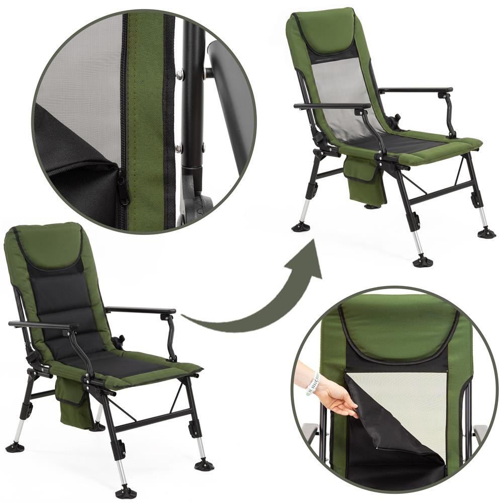 Scaun pliabil premium pentru pescuit sau camping cu suport pentru picioare, reglabil in 5 pozitii, picioare reglabile pe inaltime, 81x57x100 cm, 140 kg, verde inchis - imagine 3