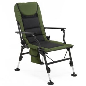 Scaun pliabil premium pentru pescuit sau camping cu suport pentru picioare, reglabil in 5 pozitii, picioare reglabile pe inaltime, 81x57x100 cm, 140 kg, verde inchis