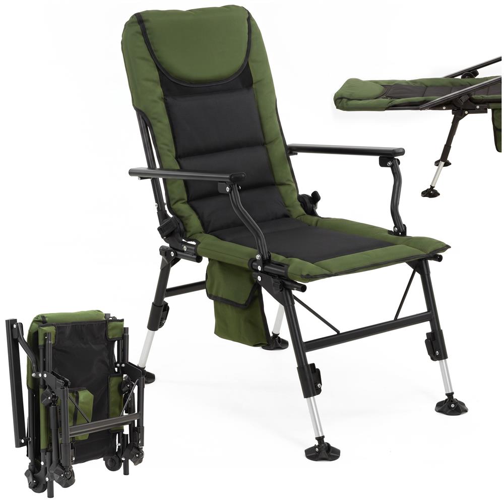 Scaun pliabil premium pentru pescuit sau camping cu suport pentru picioare, reglabil in 5 pozitii, picioare reglabile pe inaltime, 81x57x100 cm, 140 kg, verde inchis - imagine 29