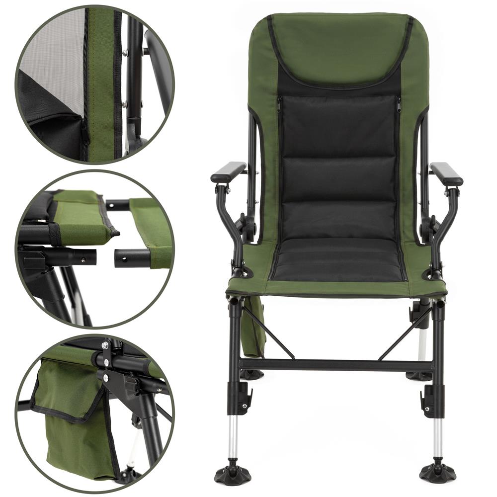 Scaun pliabil premium pentru pescuit sau camping cu suport pentru picioare, reglabil in 5 pozitii, picioare reglabile pe inaltime, 81x57x100 cm, 140 kg, verde inchis - imagine 5