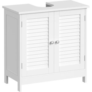VASAGLE Dulap baie pentru lavoar cu raft reglabil, design scandinav cu 2 usi tip lamele, MDF, 60x30x60 cm, alb mat