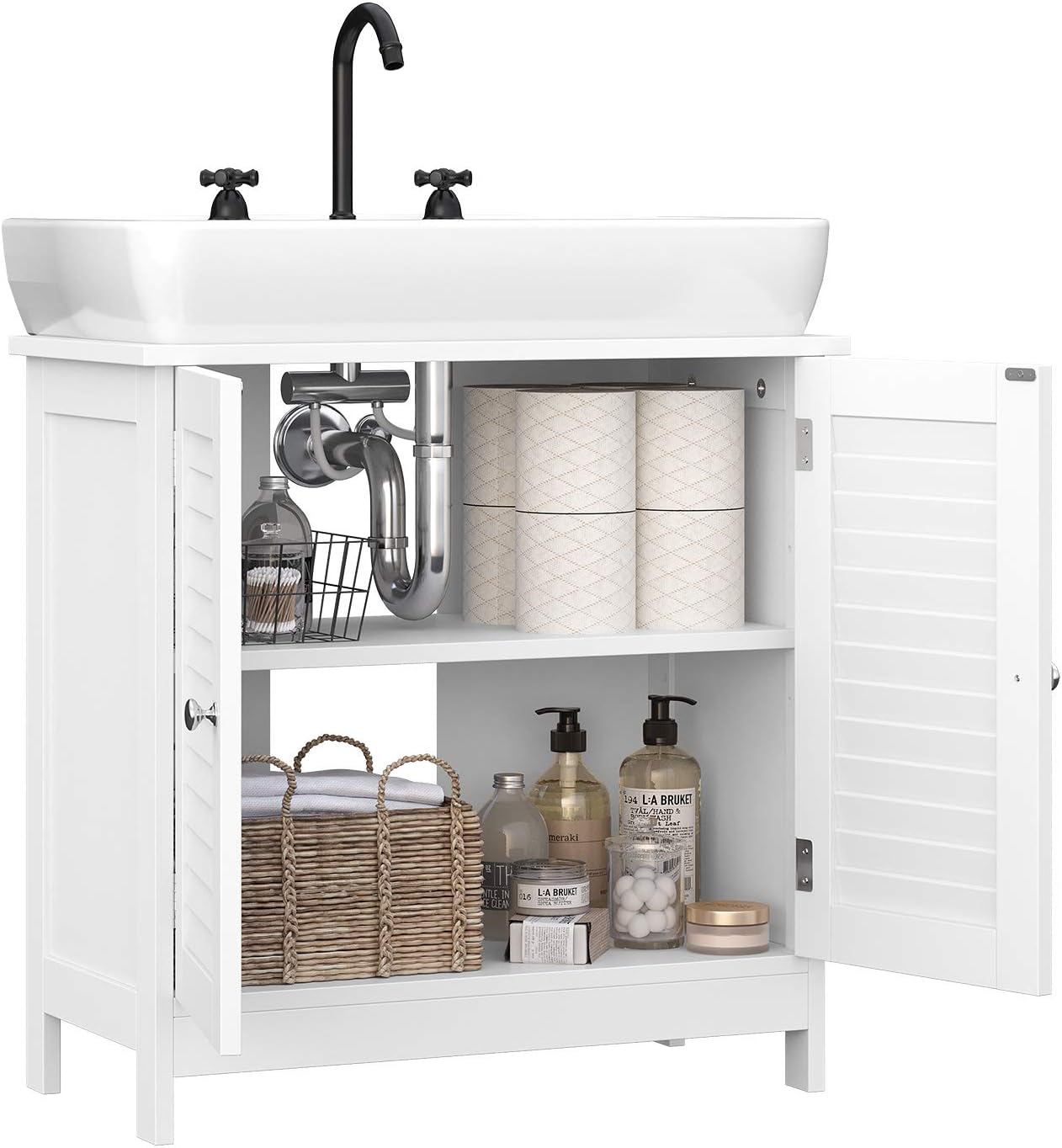 VASAGLE Dulap baie pentru lavoar cu raft reglabil, design scandinav cu 2 usi tip lamele, MDF, 60x30x60 cm, alb mat - imagine 10