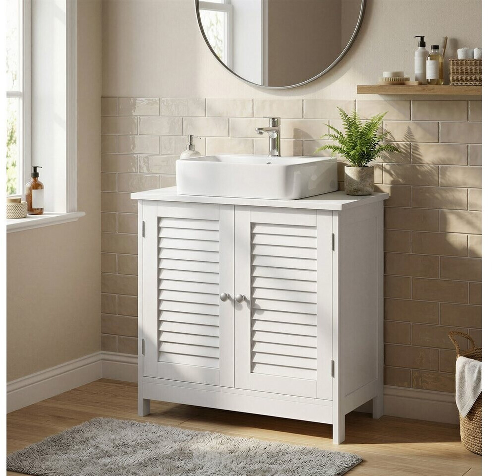 VASAGLE Dulap baie pentru lavoar cu raft reglabil, design scandinav cu 2 usi tip lamele, MDF, 60x30x60 cm, alb mat - imagine 11