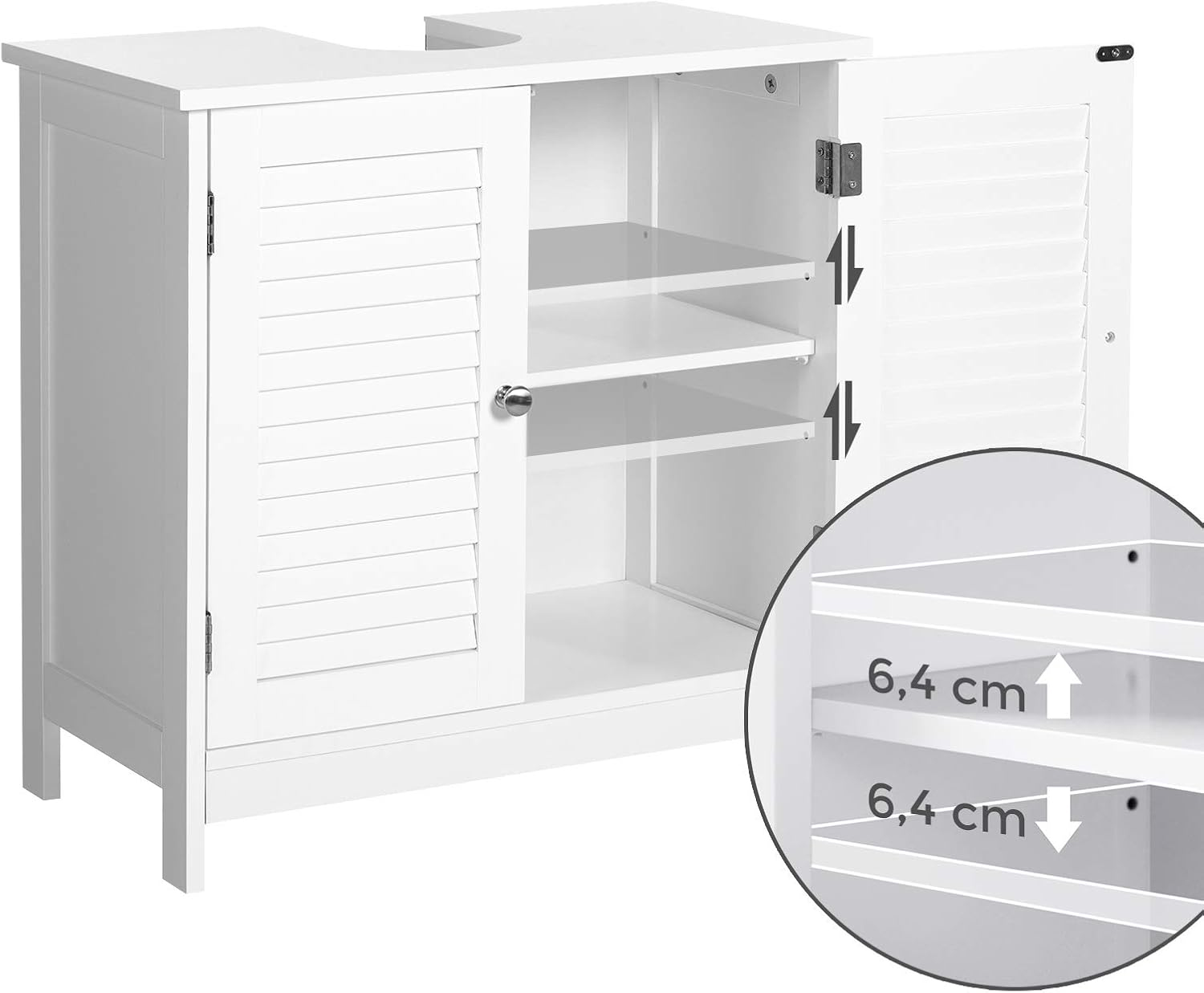 VASAGLE Dulap baie pentru lavoar cu raft reglabil, design scandinav cu 2 usi tip lamele, MDF, 60x30x60 cm, alb mat - imagine 4