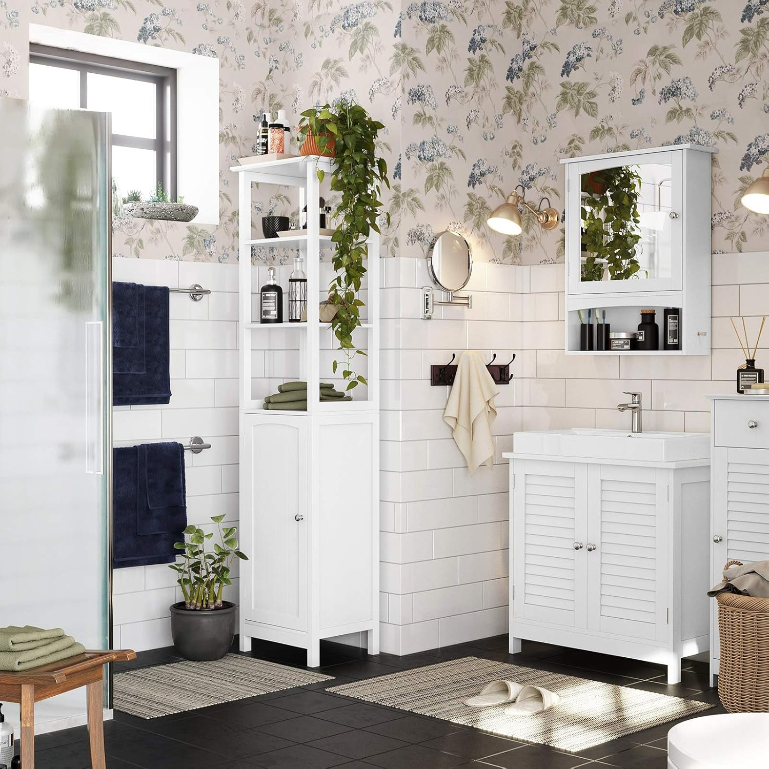 VASAGLE Dulap baie pentru lavoar cu raft reglabil, design scandinav cu 2 usi tip lamele, MDF, 60x30x60 cm, alb mat - imagine 8