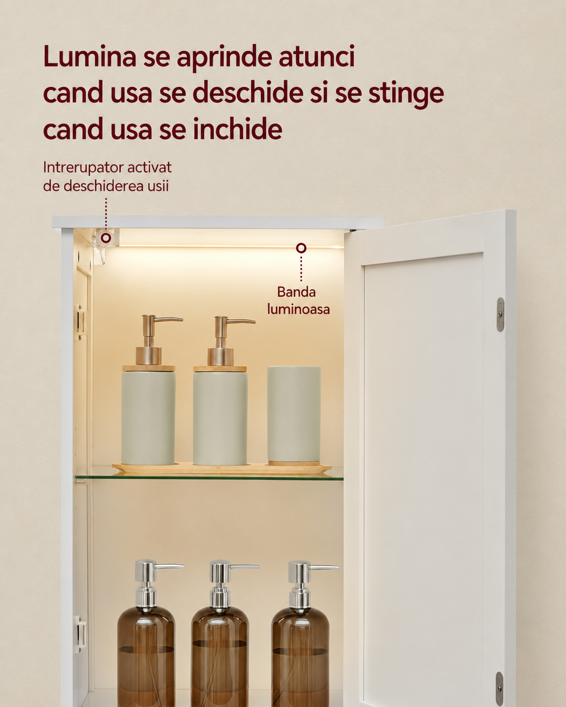 VASAGLE Dulap inalt pentru baie cu iluminare LED si rafturi reglabile, MDF, 30x40x170 cm, alb - imagine 3