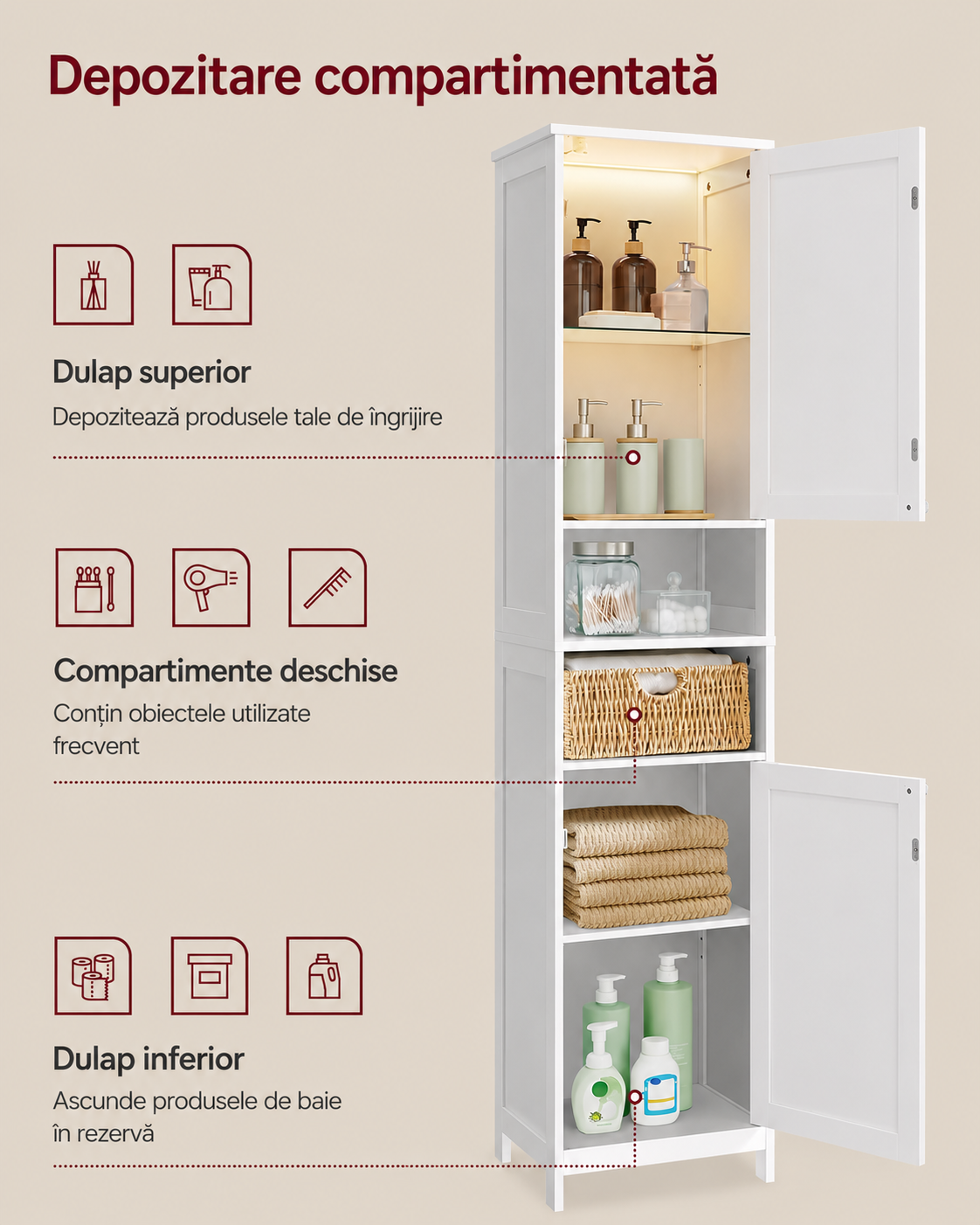 VASAGLE Dulap inalt pentru baie cu iluminare LED si rafturi reglabile, MDF, 30x40x170 cm, alb - imagine 5