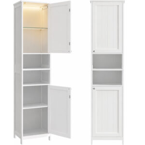 VASAGLE Dulap inalt pentru baie cu iluminare LED si rafturi reglabile, MDF, 30x40x170 cm, alb