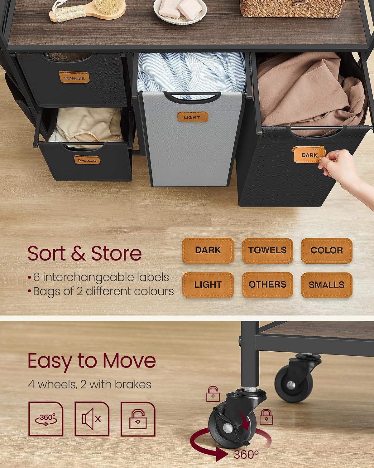VASAGLE Cos de rufe cu 4 compartimente 2x25 L si 2x50 L, mobil cu roti, saci detasabili, 99x33x81 cm, maro si negru - imagine 4