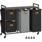 VASAGLE Cos de rufe cu 4 compartimente 2x25 L si 2x50 L, mobil cu roti, saci detasabili, 99x33x81 cm, maro  si negru