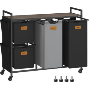 VASAGLE Cos de rufe cu 4 compartimente 2x25 L si 2x50 L, mobil cu roti, saci detasabili, 99x33x81 cm, maro si negru