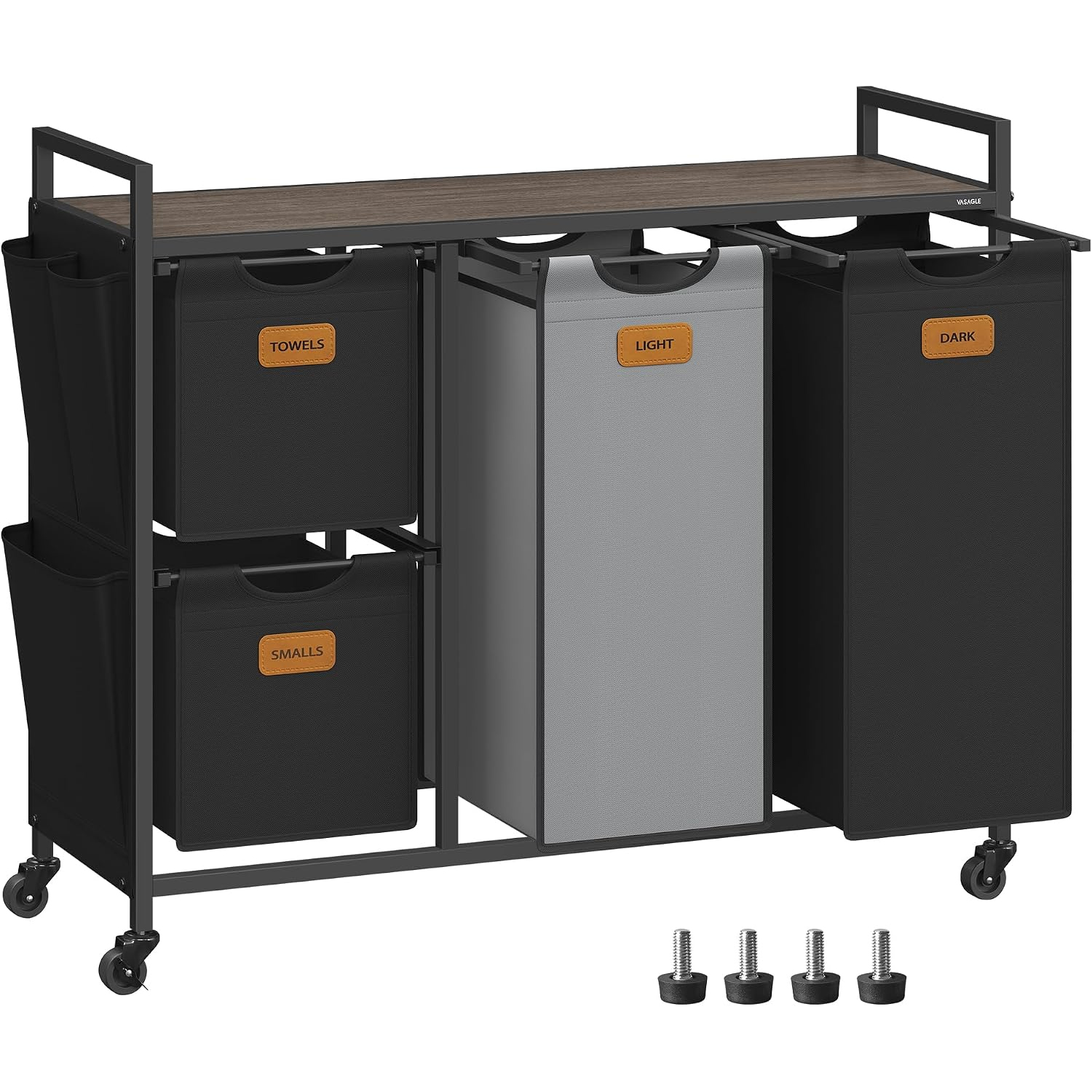 VASAGLE Cos de rufe cu 4 compartimente 2x25 L si 2x50 L, mobil cu roti, saci detasabili, 99x33x81 cm, maro si negru