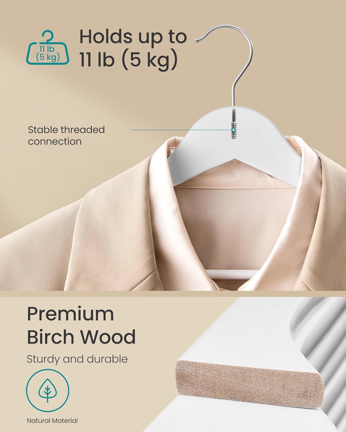 SONGMICS Set de 30 de umerase din lemn, carlige rotative 360°, cu bara pentru pantaloni, 43 cm, alb - imagine 2
