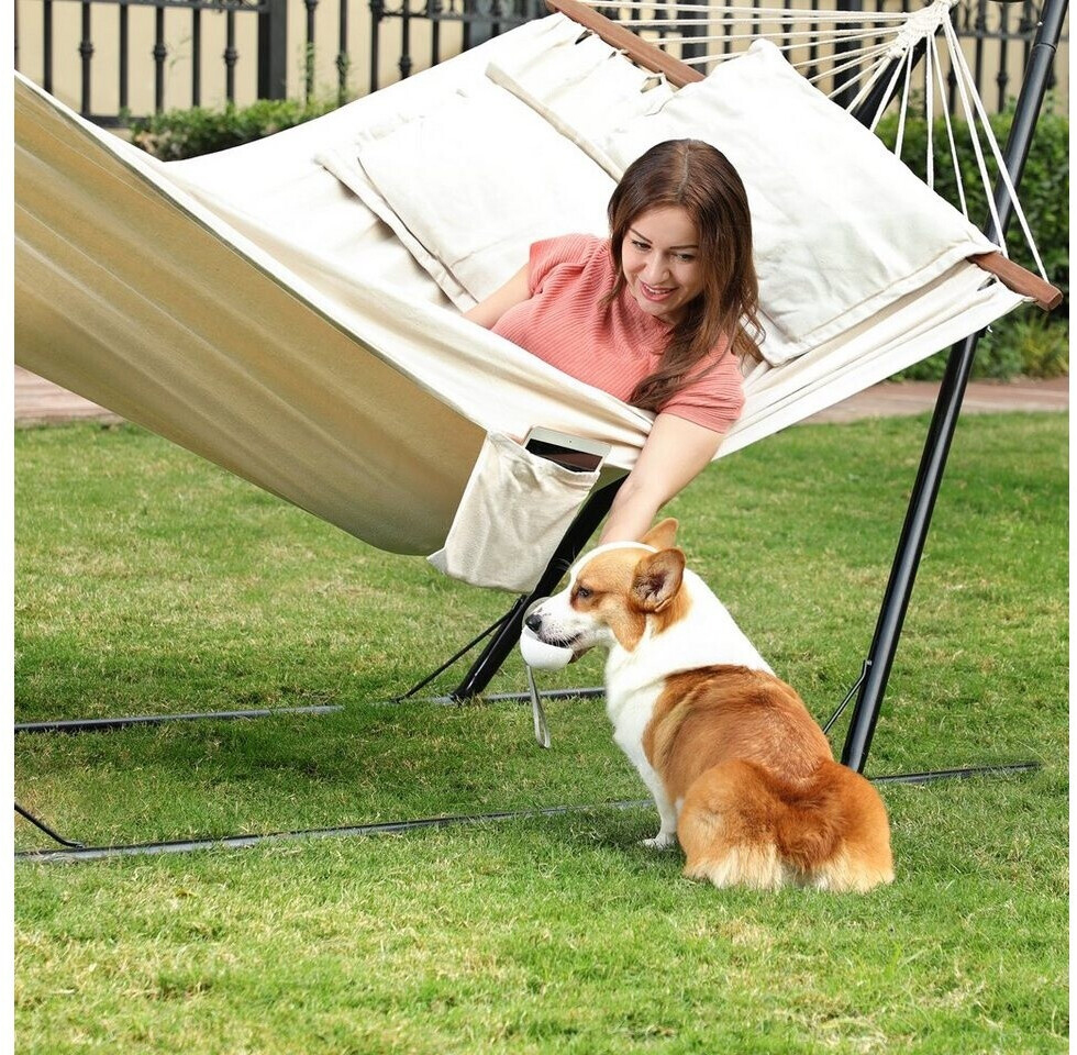 SONGMICS Hamac dublu cu bara lemn, perne incluse, maxim 300 kg, 210x150 cm, bej - imagine 10