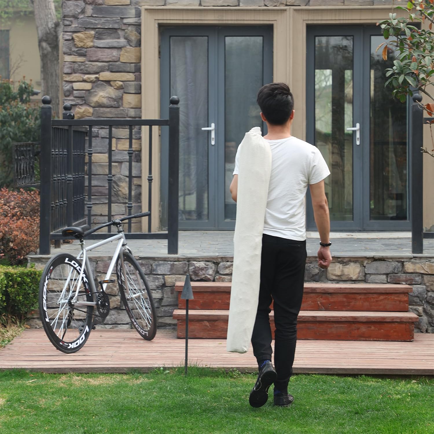SONGMICS Hamac dublu cu bara lemn, perne incluse, maxim 300 kg, 210x150 cm, bej - imagine 3