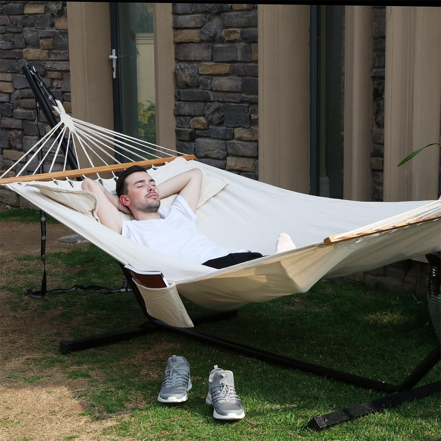 SONGMICS Hamac dublu cu bara lemn, perne incluse, maxim 300 kg, 210x150 cm, bej - imagine 4