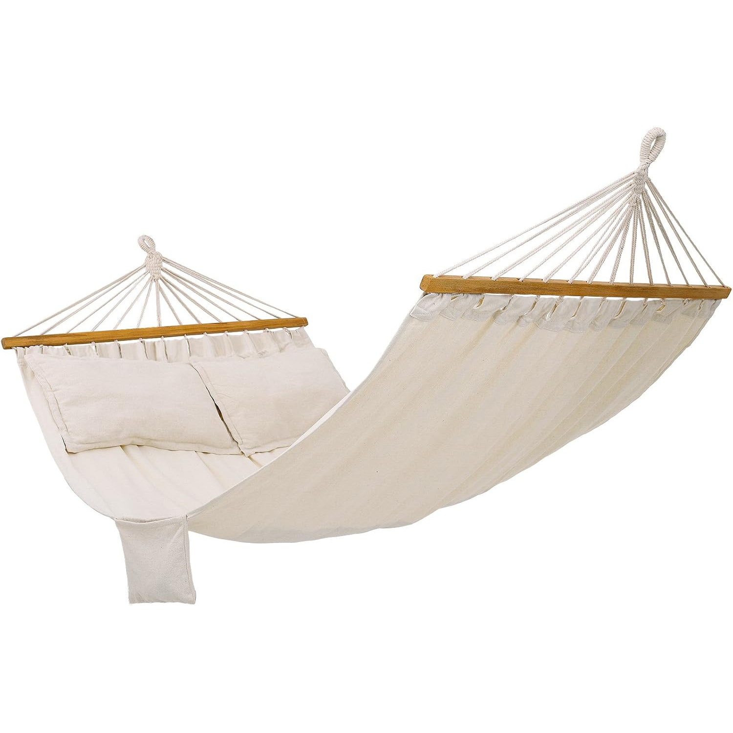 SONGMICS Hamac dublu cu bara lemn, perne incluse, maxim 300 kg, 210x150 cm, bej - imagine 6
