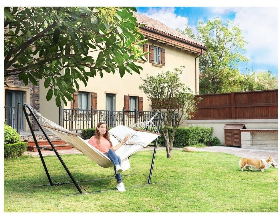SONGMICS Hamac dublu cu bara lemn, perne incluse, maxim 300 kg, 210x150 cm, bej - imagine 7