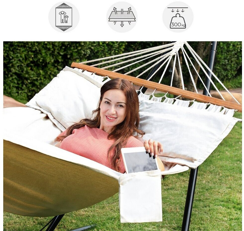 SONGMICS Hamac dublu cu bara lemn, perne incluse, maxim 300 kg, 210x150 cm, bej - imagine 8