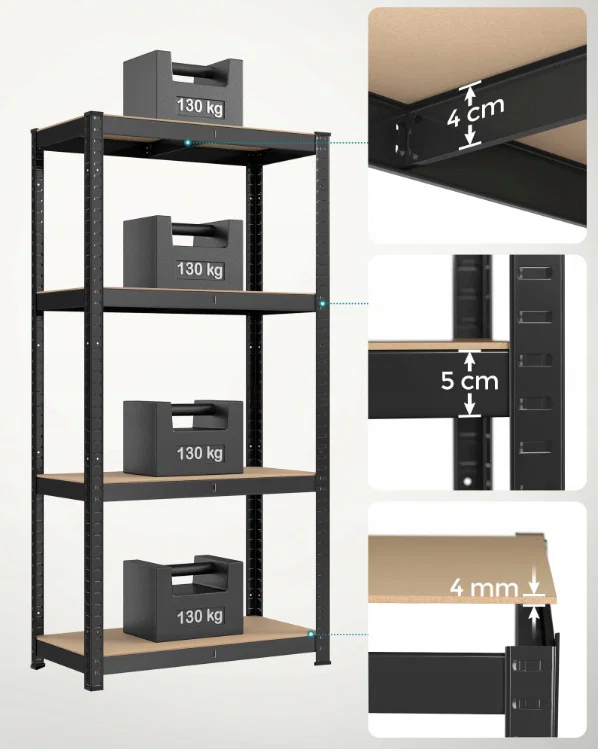 SONGMICS Set 2 rafturi metalice cu 4 polite MDF reglabile, 80x40x160 cm, negru - imagine 4