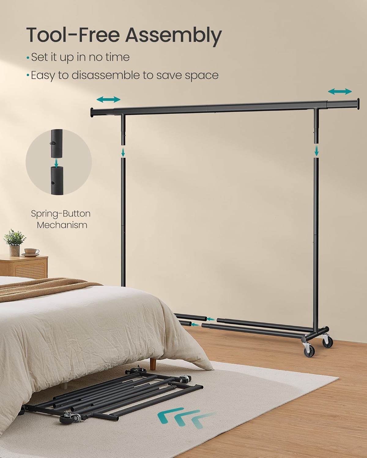 SONGMICS Suport haine cu roti, extensibil 160–200 cm, sarcina heavy duty otel 150 kg, roti blocabile, negru - imagine 3