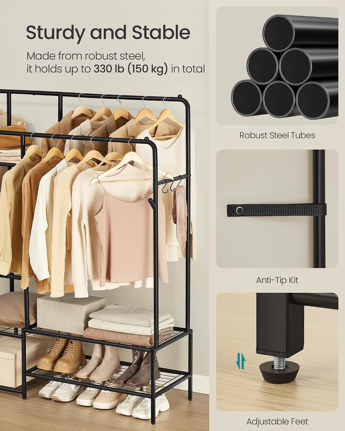 SONGMICS Suport haine cu 2 bare si 7 rafturi, carlige suplimentare de agatare, capacitate 180 kg, 45x116x173 cm, negru - imagine 4