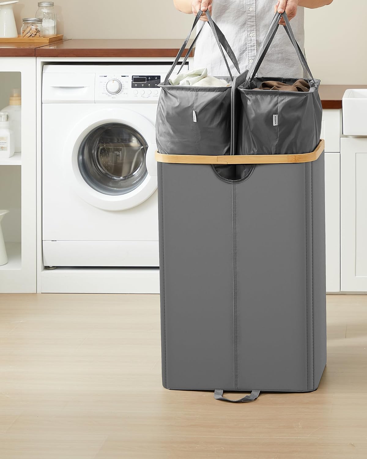SONGMICS Cos de rufe textil cu 2 compartimente si capac, saci detasabili, 150 L, 52x39x75 cm, gri - imagine 2