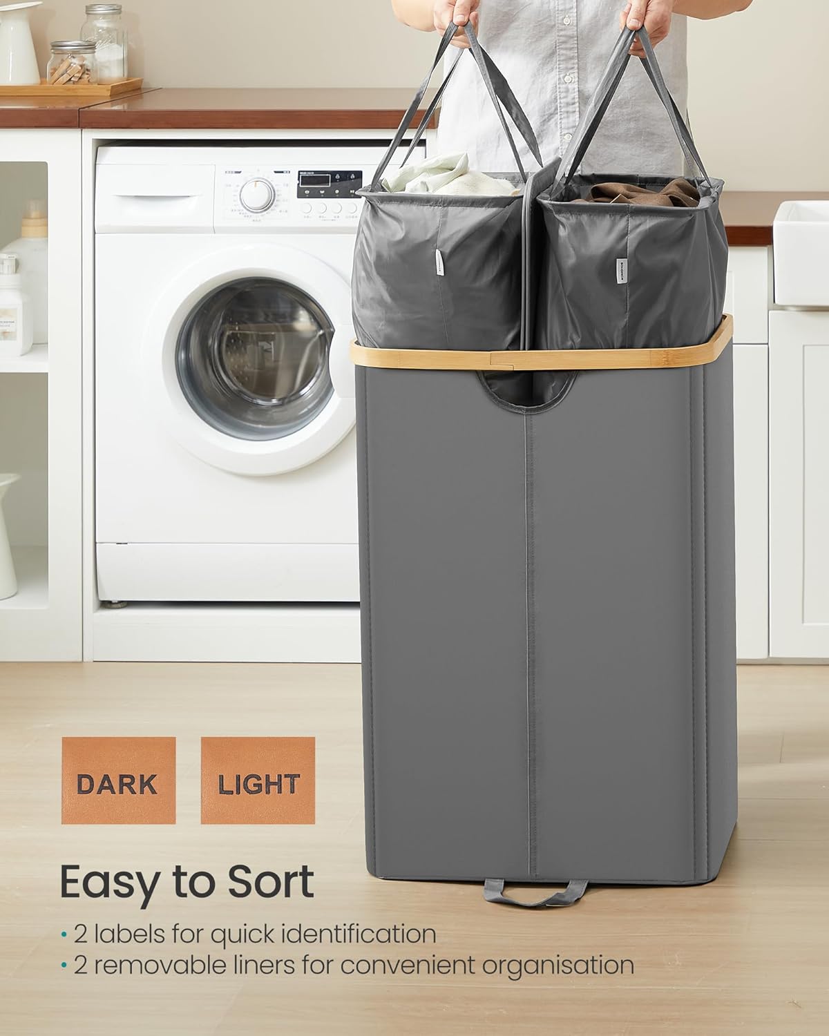SONGMICS Cos de rufe textil cu 2 compartimente si capac, saci detasabili, 150 L, 52x39x75 cm, gri - imagine 3