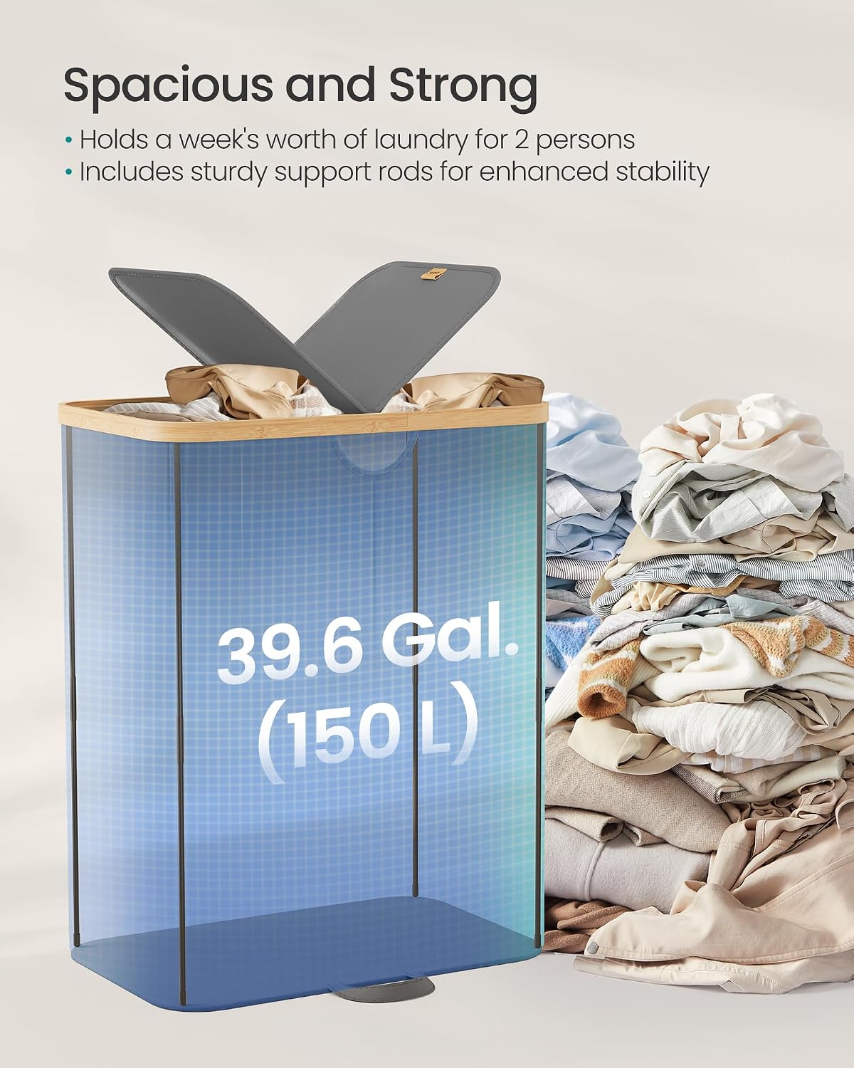 SONGMICS Cos de rufe textil cu 2 compartimente si capac, saci detasabili, 150 L, 52x39x75 cm, gri - imagine 5