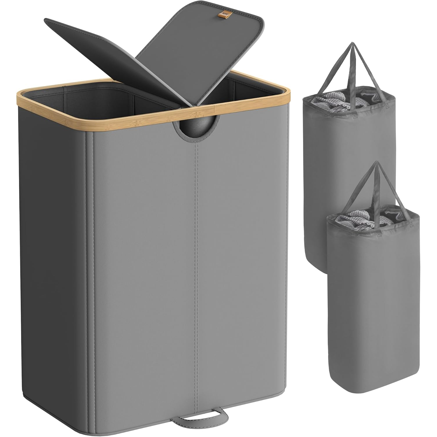 SONGMICS Cos de rufe textil cu 2 compartimente si capac, saci detasabili, 150 L, 52x39x75 cm, gri - imagine 7
