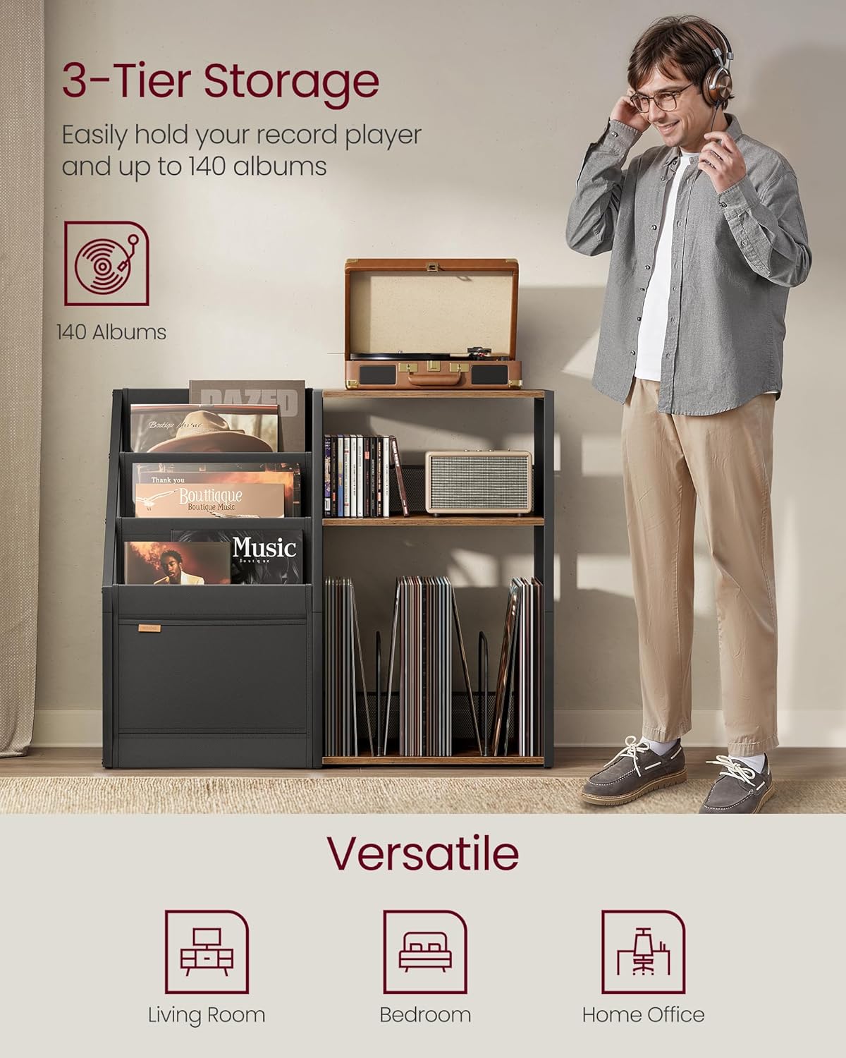 VASAGLE Suport pentru pick-up si discuri de vinil, pana la 140 discuri, blat spatios pentru patefon, 3 compartimente laterale pentru expunerea discurilor, design industrial vintage, 81x30x69 cm, maro rustic - imagine 5