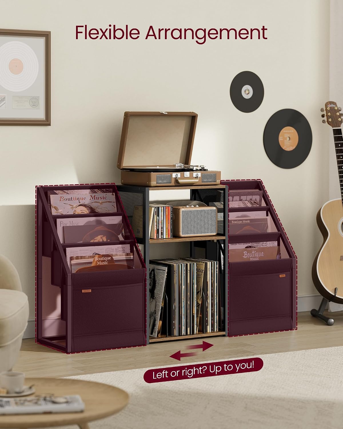 VASAGLE Suport pentru pick-up si discuri de vinil, pana la 140 discuri, blat spatios pentru patefon, 3 compartimente laterale pentru expunerea discurilor, design industrial vintage, 81x30x69 cm, maro rustic - imagine 7