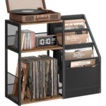 VASAGLE Suport pentru pick-up si discuri de vinil, pana la 140 discuri, blat spatios pentru patefon, 3 compartimente laterale pentru expunerea discurilor, design industrial vintage, 81x30x69 cm, maro rustic
