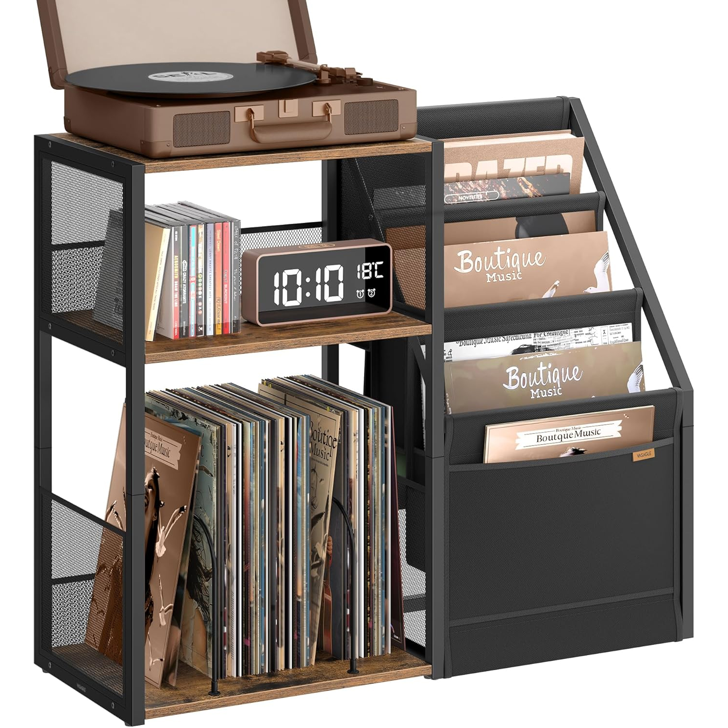 VASAGLE Suport pentru pick-up si discuri de vinil, pana la 140 discuri, blat spatios pentru patefon, 3 compartimente laterale pentru expunerea discurilor, design industrial vintage, 81x30x69 cm, maro rustic