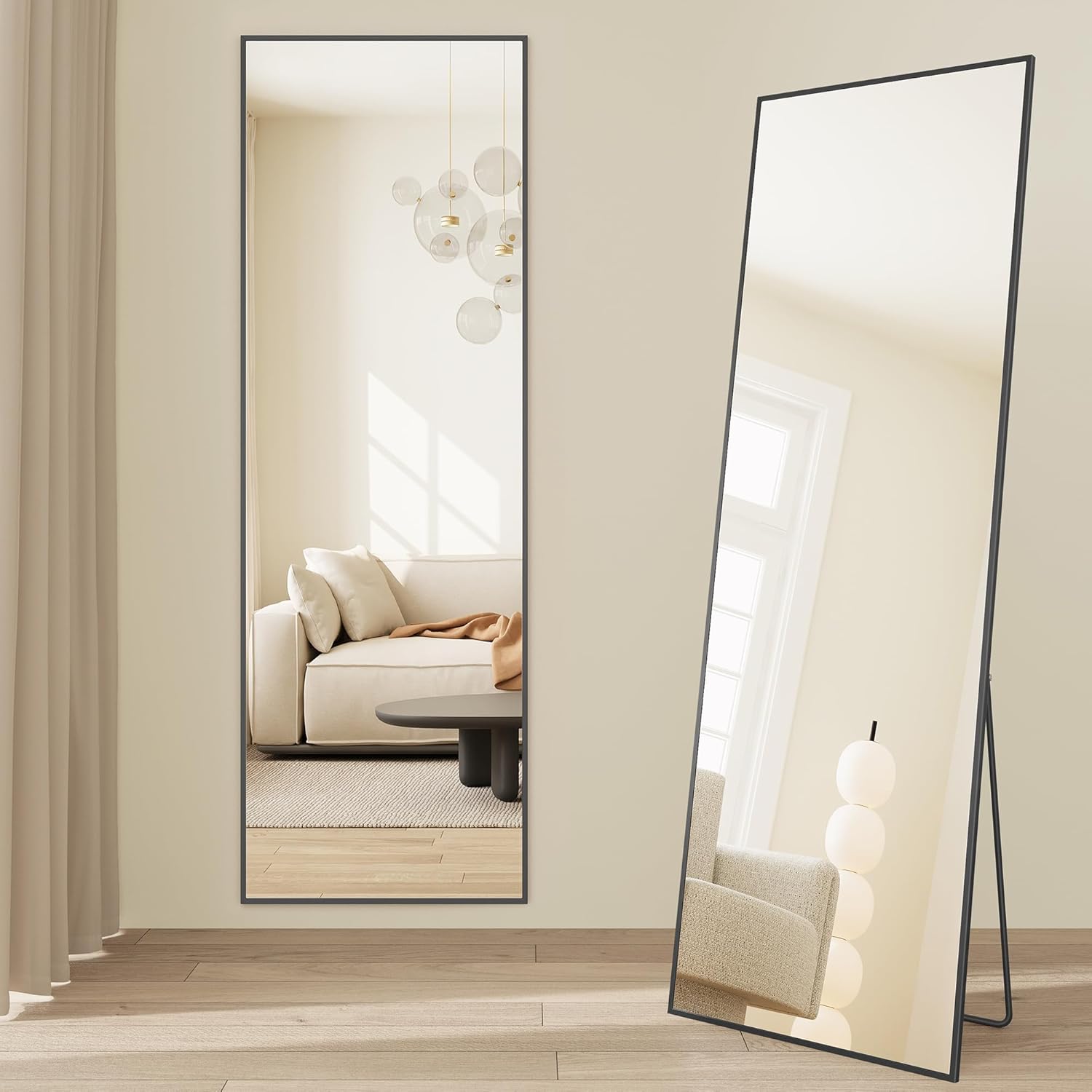 SONGMICS Oglinda mare de podea cu rama aluminiu, montare pe perete sau suport, sticla securizata, 160x50 cm, negru - imagine 3
