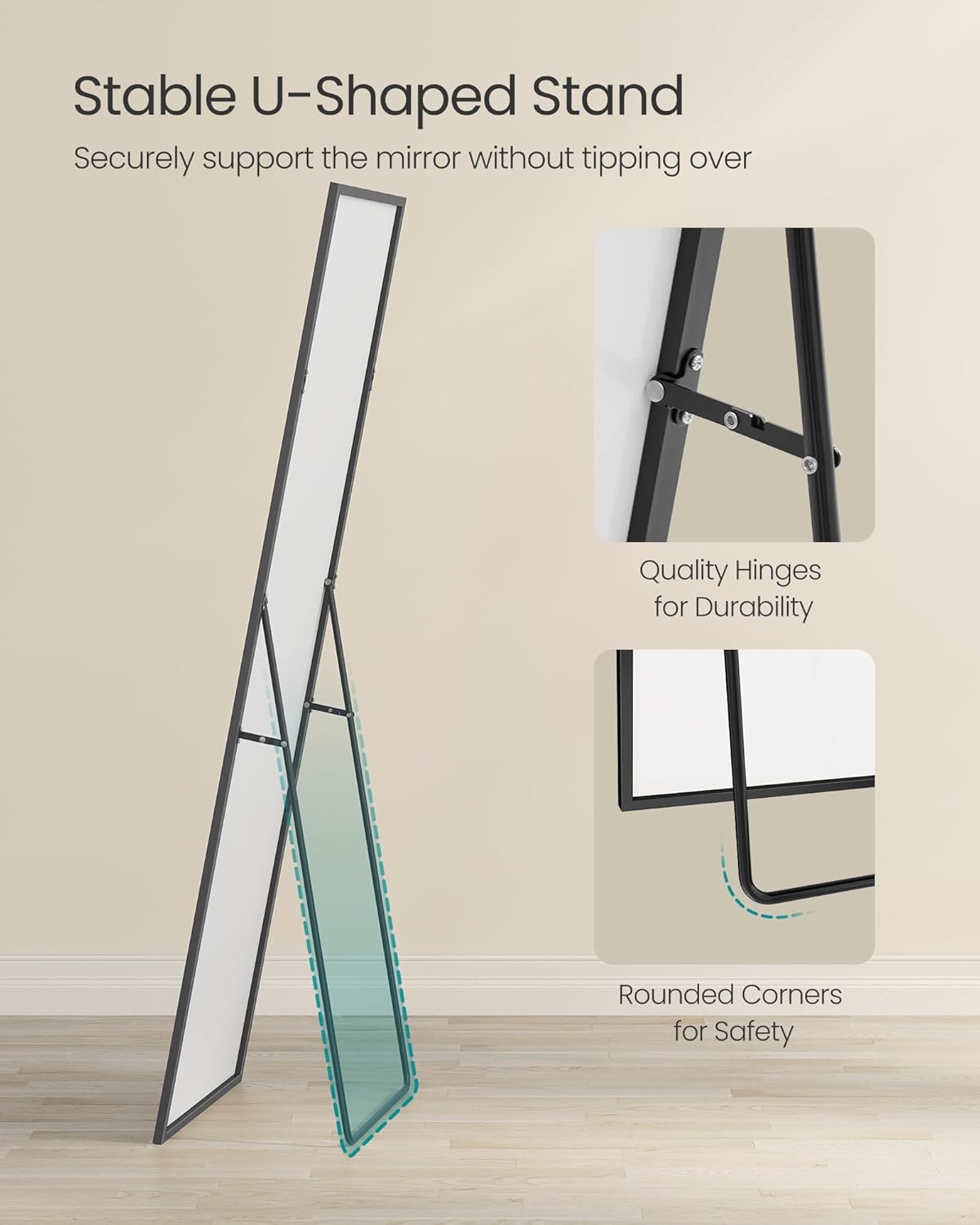 SONGMICS Oglinda mare de podea cu rama aluminiu, montare pe perete sau suport, sticla securizata, 160x50 cm, negru - imagine 4