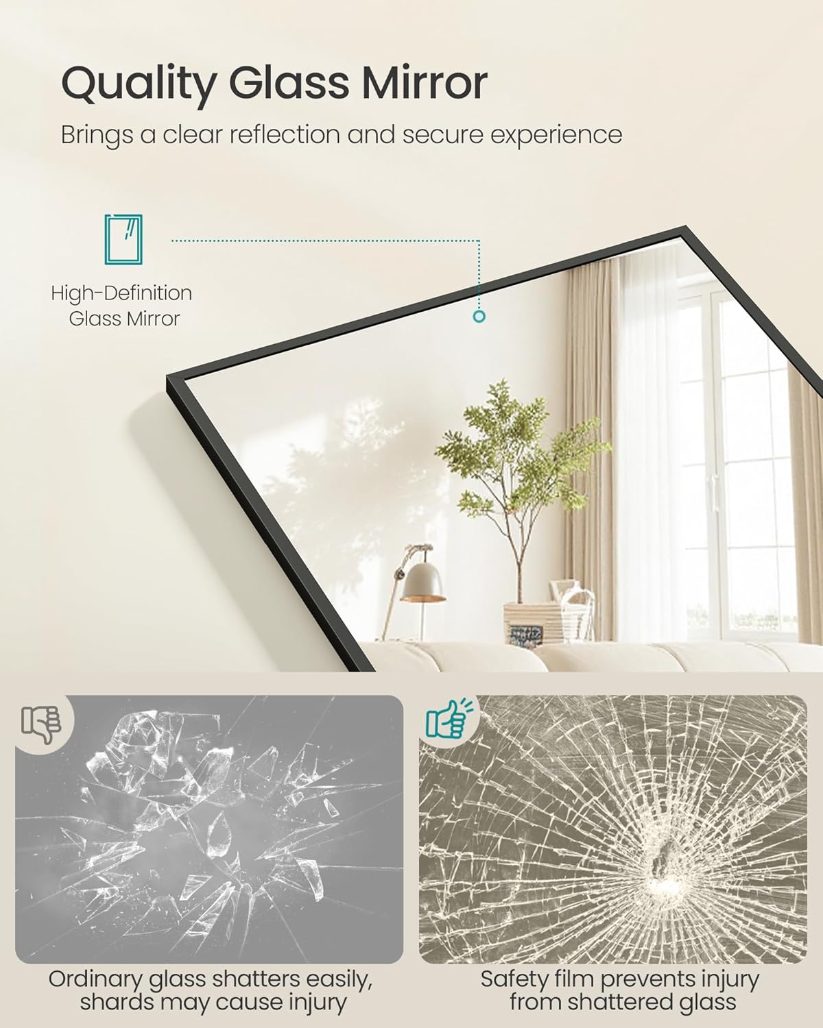 SONGMICS Oglinda mare de podea cu rama aluminiu, montare pe perete sau suport, sticla securizata, 160x50 cm, negru - imagine 5