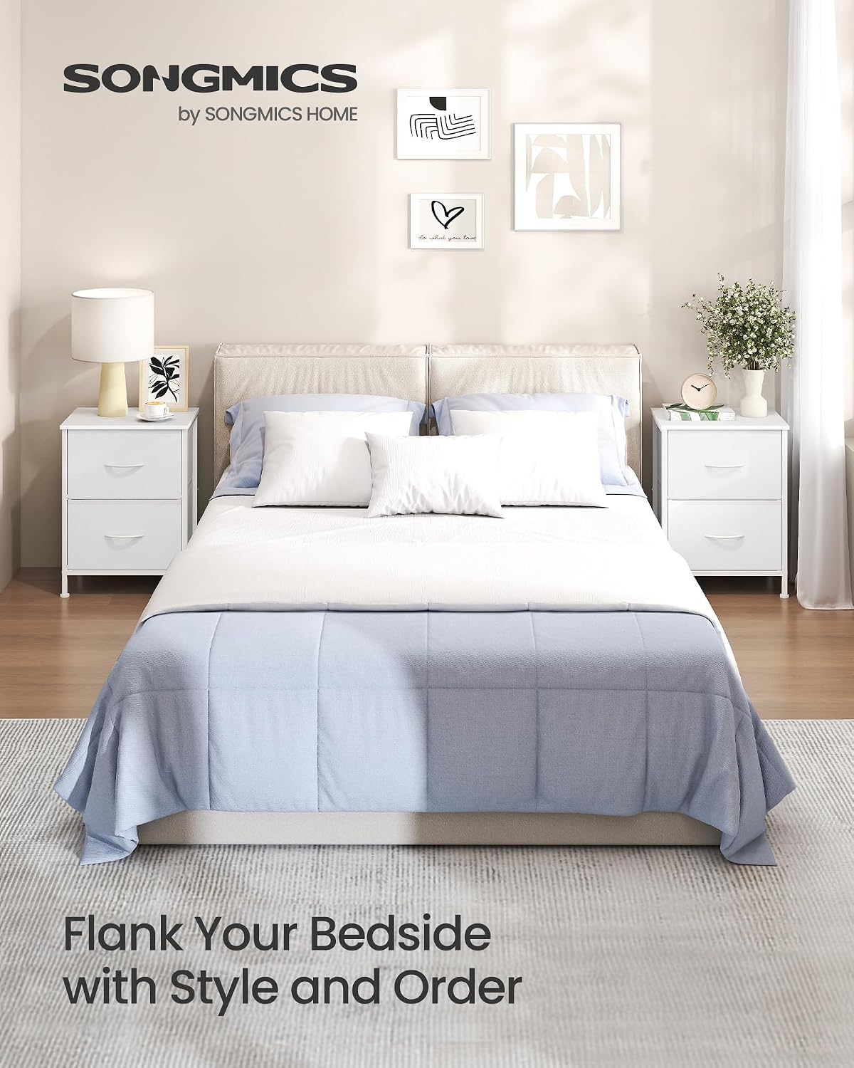 SONGMICS Comoda mica tip noptiera cu 2 sertare textile, cadru metalic si blat MDF, 40x30x52 cm, alb - imagine 3