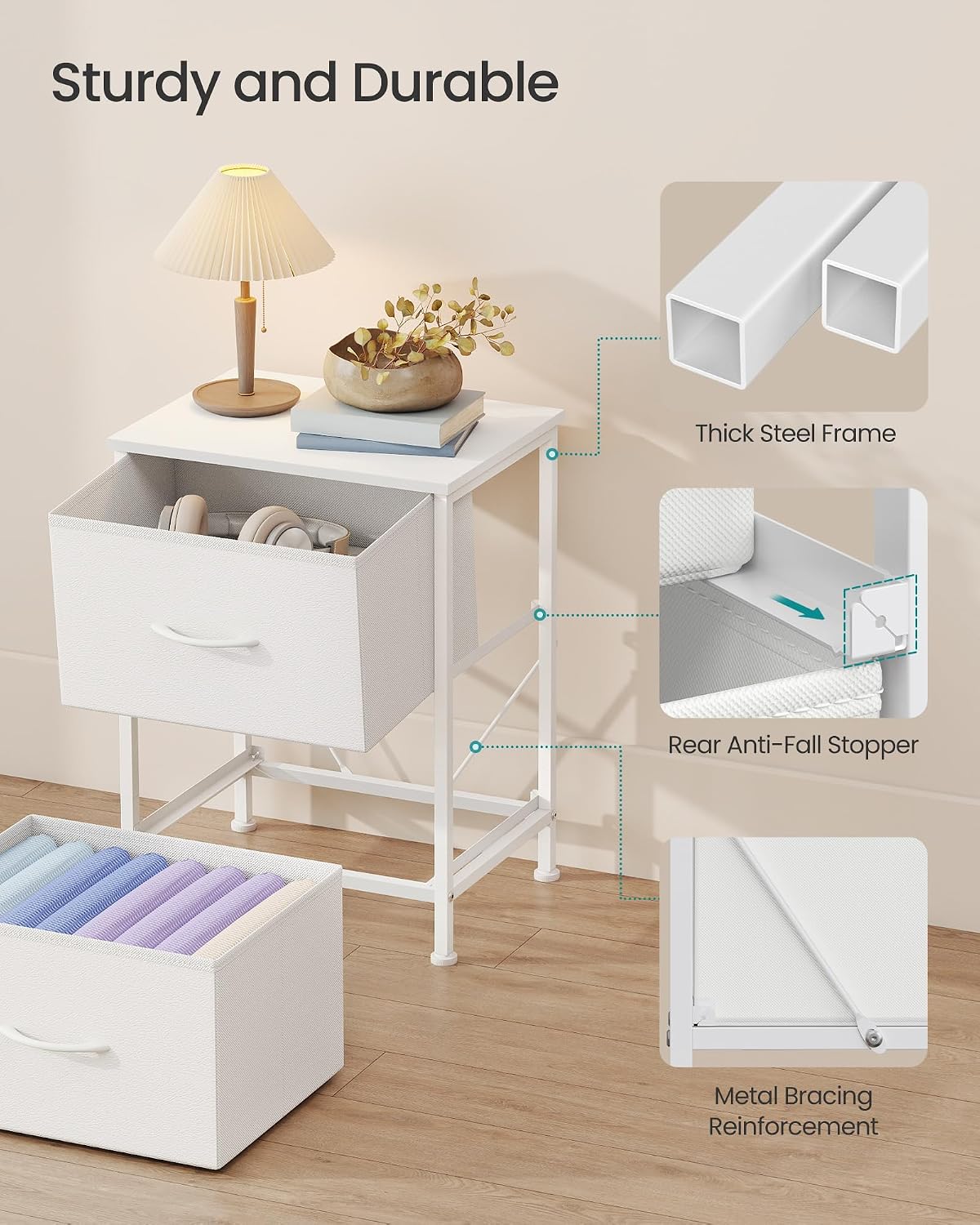 SONGMICS Comoda mica tip noptiera cu 2 sertare textile, cadru metalic si blat MDF, 40x30x52 cm, alb - imagine 5