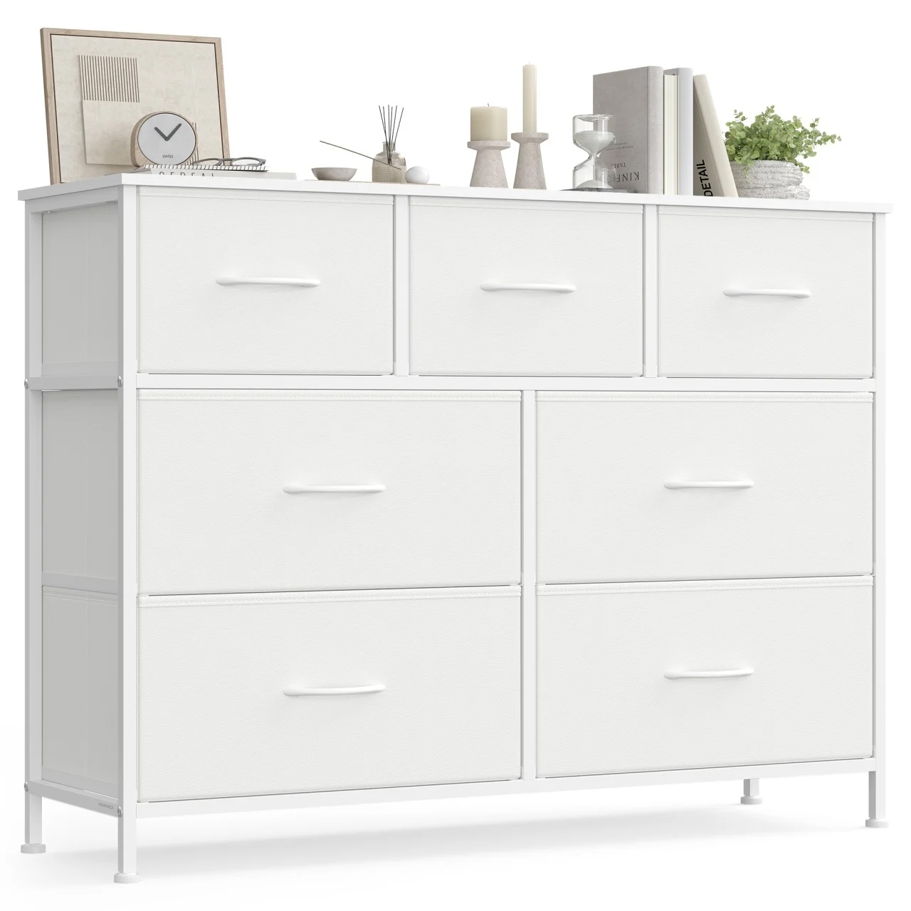 SONGMICS Comoda cu 7 sertare, cadru metalic si blat MDF, sertare textile, 99x30x74 cm, alb - imagine 2