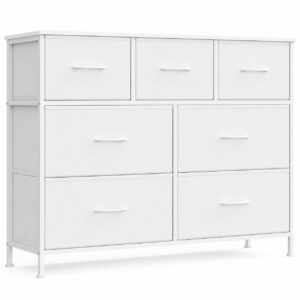 SONGMICS Comoda cu 7 sertare, cadru metalic si blat MDF, sertare textile, 99x30x74 cm, alb