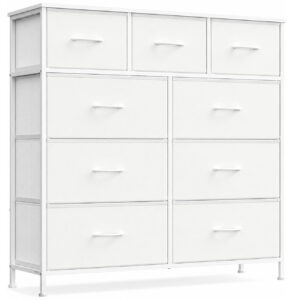 SONGMICS Comoda cu 9 sertare, cadru metalic si blat MDF, sertare textile, 99x30x95 cm, alb