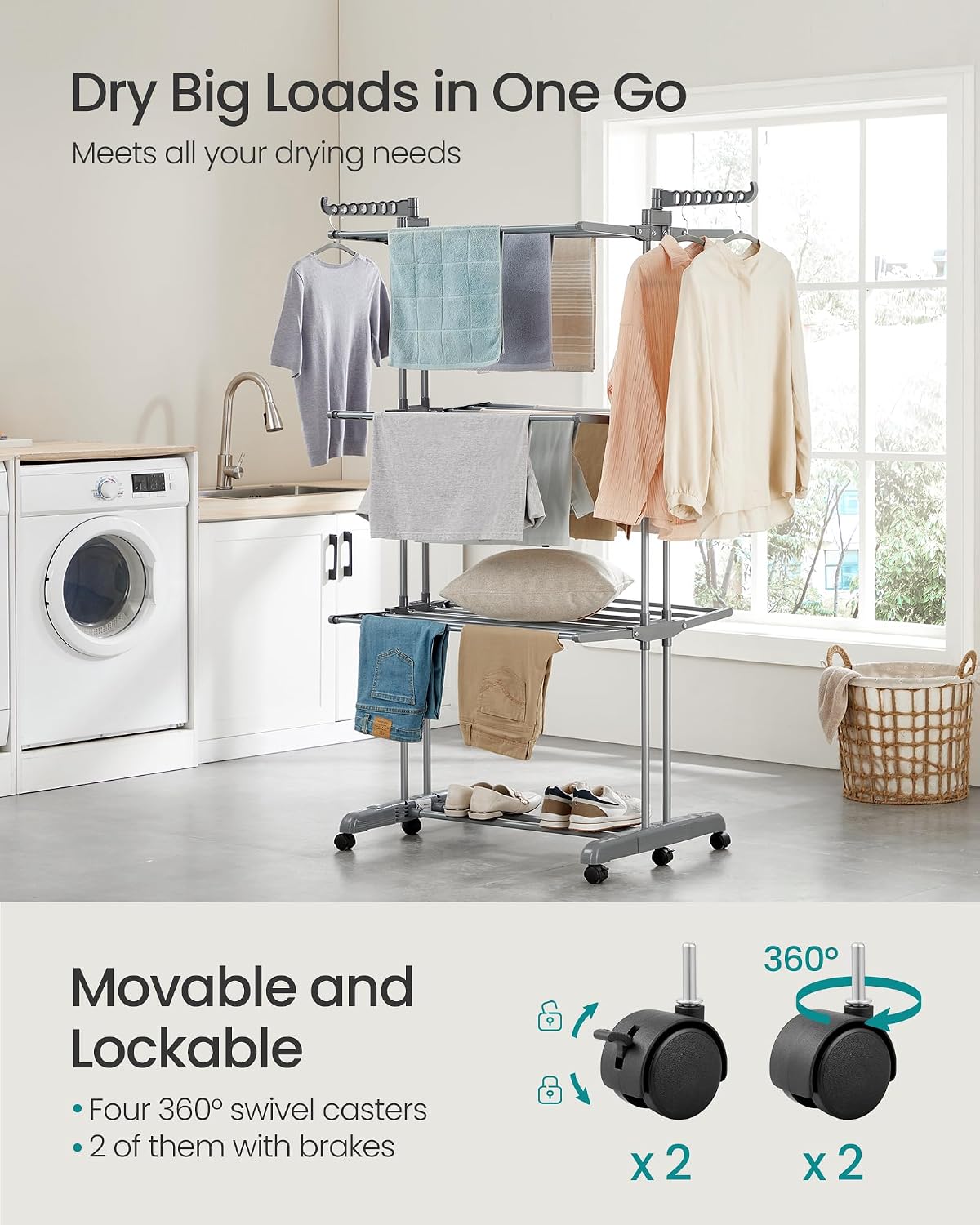 SONGMICS Uscator de rufe pliabil cu 4 niveluri, 6 roti, capacitate 41 kg, 64x126x173 cm, gri - imagine 2