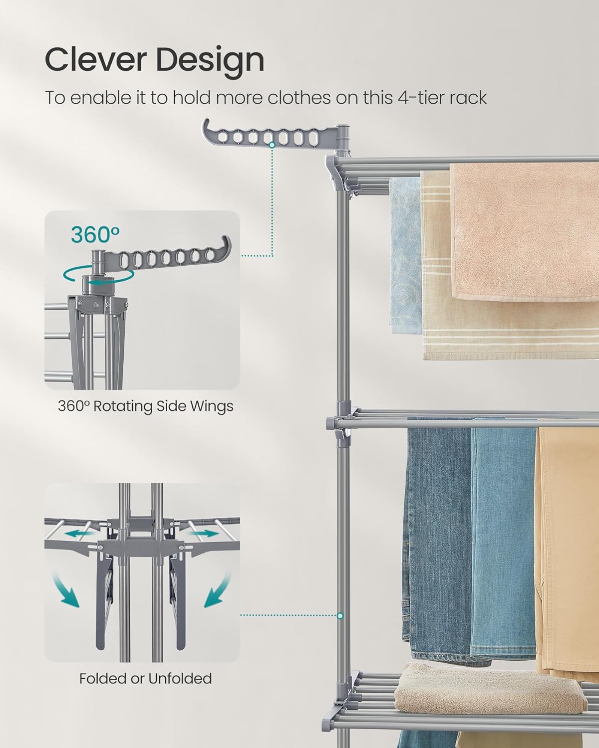 SONGMICS Uscator de rufe pliabil cu 4 niveluri, 6 roti, capacitate 41 kg, 64x126x173 cm, gri - imagine 7