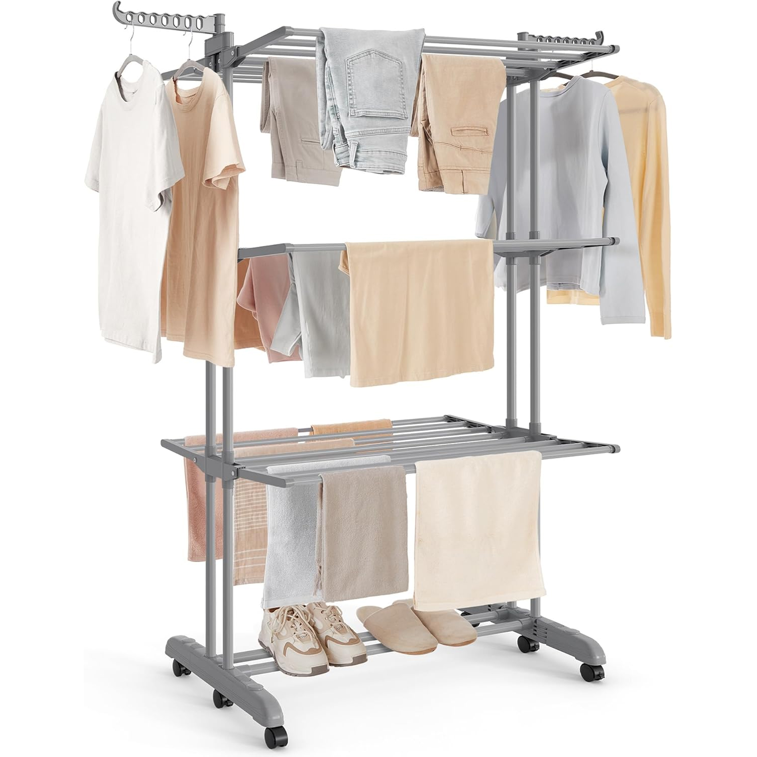 SONGMICS Uscator de rufe pliabil cu 4 niveluri, 6 roti, capacitate 41 kg, 64x126x173 cm, gri - imagine 8