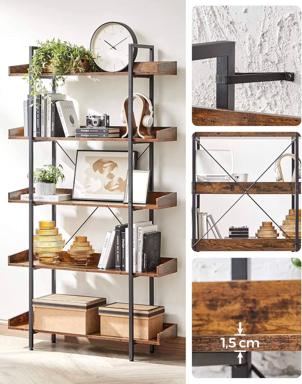 VASAGLE Biblioteca cu 5 rafturi tip tava cu margini de protectie, structura metalica, stil industrial, 100x28x178 cm, maro rustic - imagine 4
